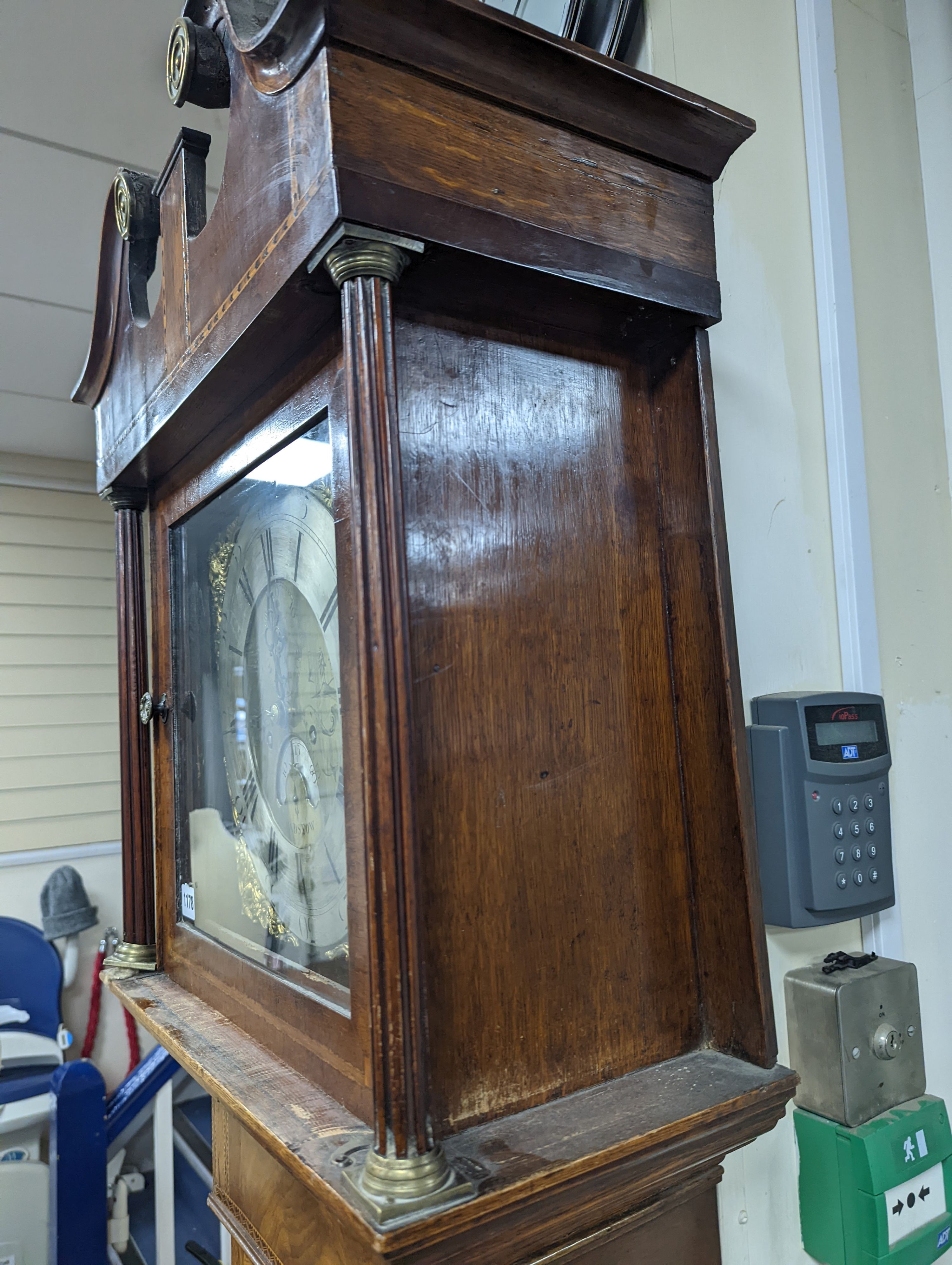 A George III mahogany banded oak 8 day longcase clock marked Caleb Boney, Padstow, height 210cm